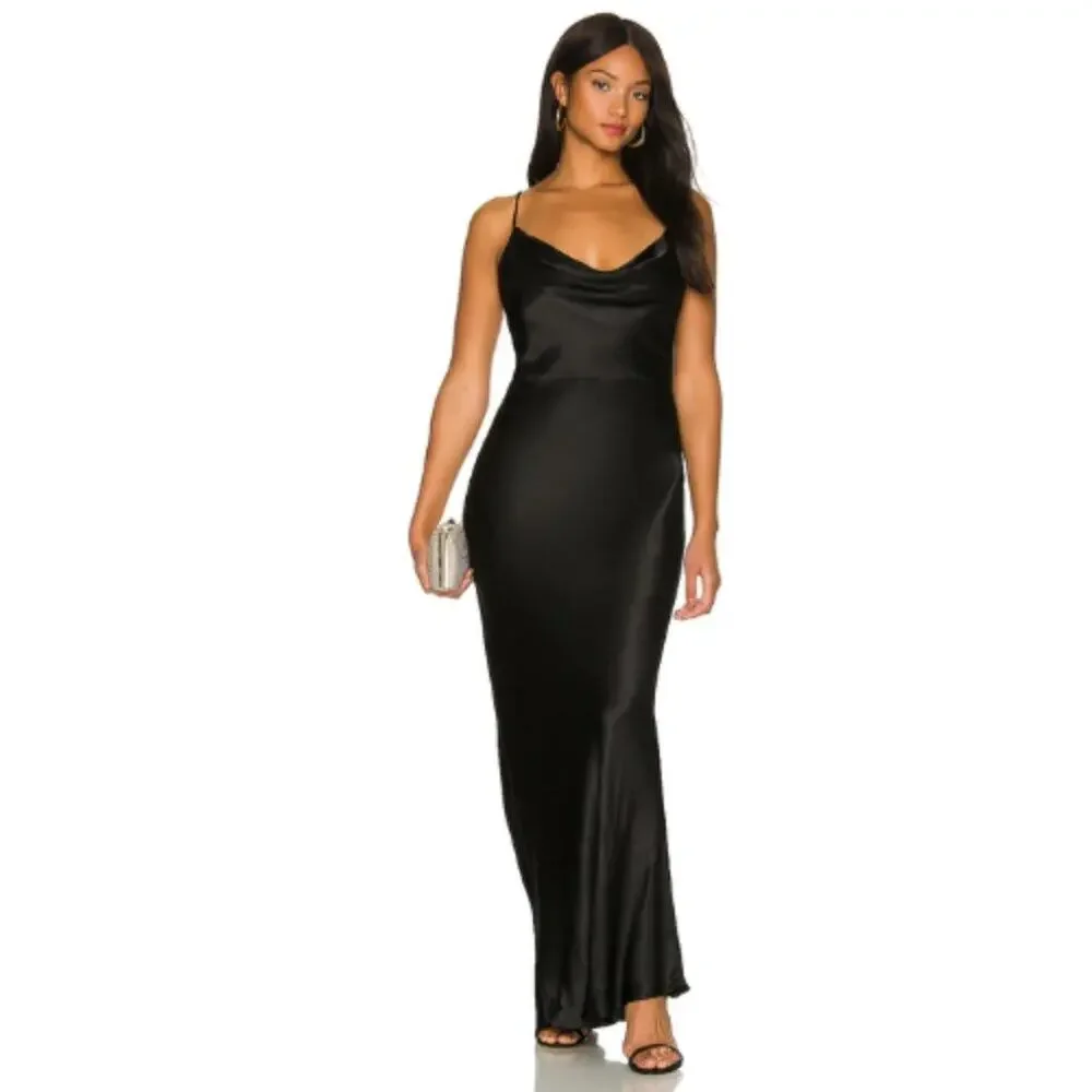 Lovers & Friends Lilith Gown in Black Satin NWT Size X Small - Picture 2 of 5